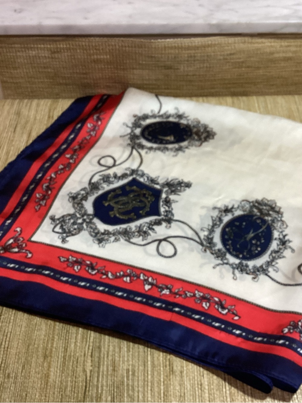 100% Silk-Feel Polyester Decorative Scarf in Navy, Red, and White